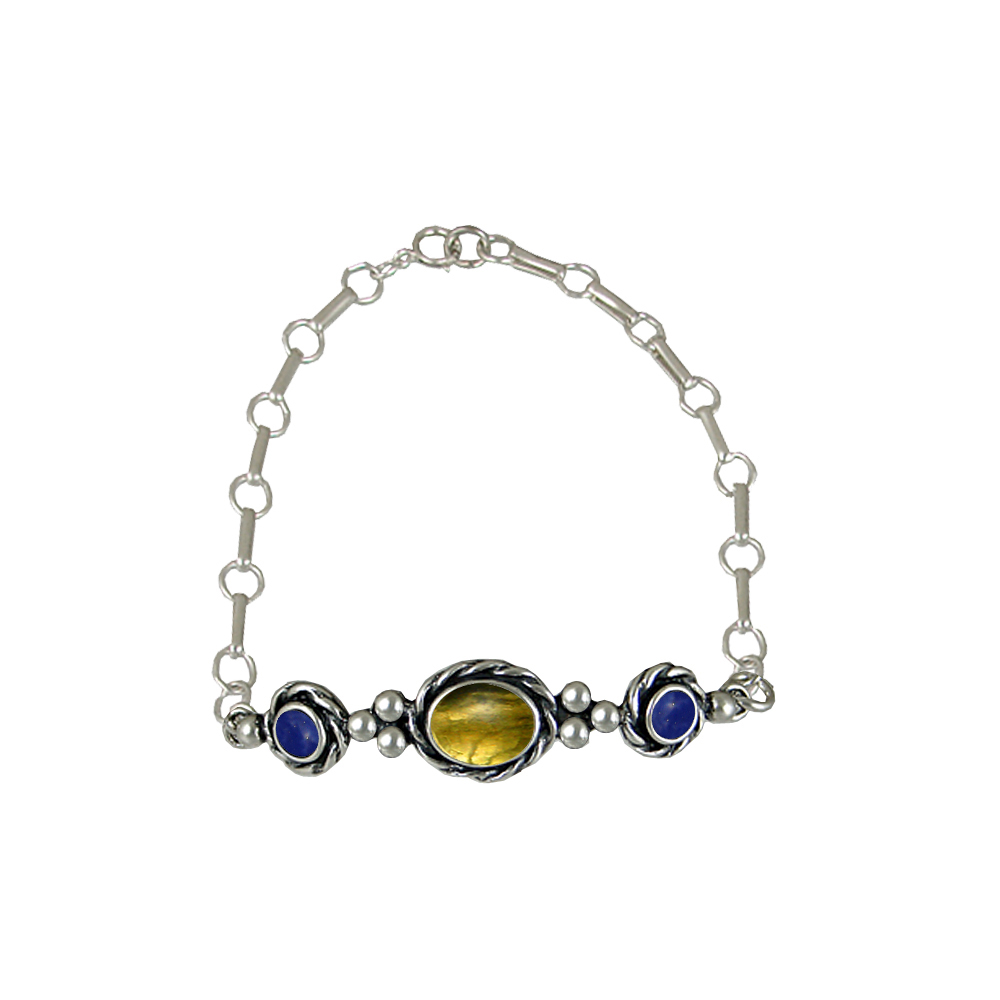 Sterling Silver Gemstone Adjustable Chain Bracelet With Citrine And Lapis Lazuli